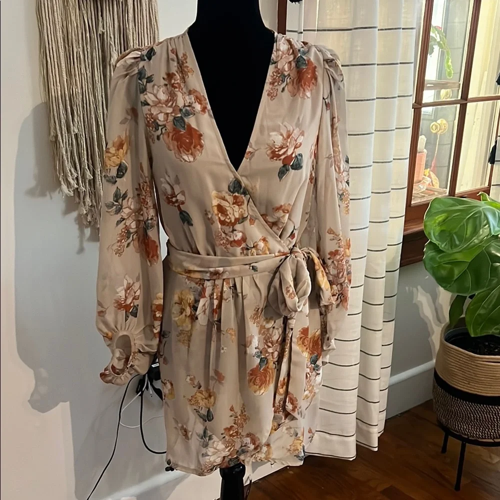Hudson Gray Beige Floral Wrap Dress NWOTSheer Long Sleeve Tie Waist Size Small